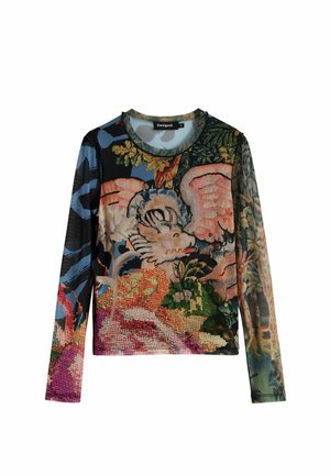 Langarmtop met een levendig gemengd patroon van bloemen en abstracte ontwerpen. Gemaakt van gestructureerde stof met een ronde halslijn.