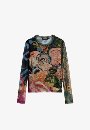 Top de manga larga con un vibrante patrón mixto de diseños florales y abstractos. Confeccionado en tejido texturizado y con un escote redondo.