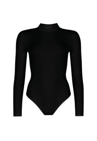 Czarny bodysuit z długim rękawem, o wysokim dekolcie, dopasowanej sylwetce i gładkiej fakturze, wyeksponowany na białym tle.