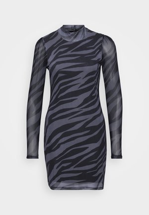 Short-sleeve black and gray zebra print dress, made of lightweight material with a mock neck and fitted silhouette. Smooth, sheer sleeves.