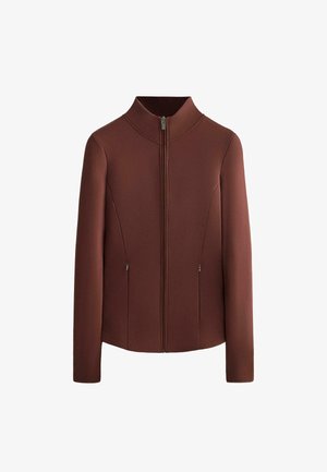 Braune Zip-Jacke mit Stehkragen, glattem Stoff, zwei seitlichen Taschen mit Reißverschlüssen und taillierter Silhouette. Einfaches, modernes Design.