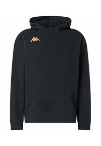 Felpa nera con cappuccio e tasca a marsupio, realizzata in tessuto morbido, con un logo dorato sul lato sinistro del petto e polsini a costine.