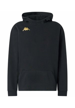 Felpa nera con cappuccio e tasca a marsupio, realizzata in tessuto morbido, con un logo dorato sul lato sinistro del petto e polsini a costine.