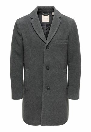 Grauer Wollmischmantel mit Reverskragen, Dreiknopfverschluss, Seitentaschen und einer Brusttasche. Glatte Textur und taillierte Passform.