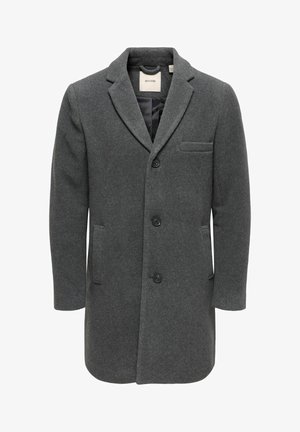 Grauer Wollmischmantel mit Reverskragen, Dreiknopfverschluss, Seitentaschen und einer Brusttasche. Glatte Textur und taillierte Passform.
