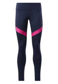 Granatowe legginsy z wysokim pasem, z odważnym różowym skośnym paskiem, gładką fakturą i dopasowanym krojem.