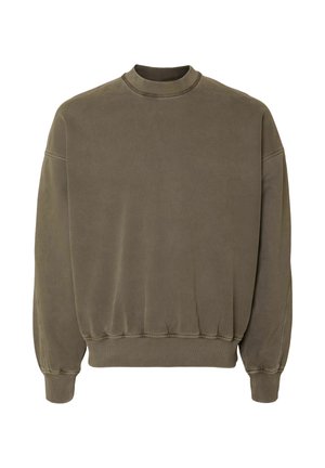 Olivno zelena jopa z okrolim izrezom, spuščenimi rameni ter rebrastimi manšetami in spodnjim robom. Iz mehke tkanine, z enostavnim dizajnom.