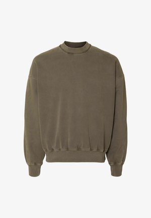 Olivno zelena jopa z okrolim izrezom, spuščenimi rameni ter rebrastimi manšetami in spodnjim robom. Iz mehke tkanine, z enostavnim dizajnom.