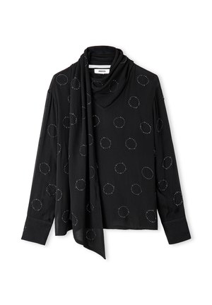Maglietta nera a maniche lunghe in tessuto morbido, con colletto drappeggiato e decorazioni circolari sparse. Presenta un accento in stile sciarpa.