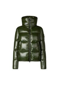 Groene pufferjas met een glanzende afwerking, hoge kraag, rits aan de voorkant en twee zijzakken. Dikke gewatteerde secties creëren een geborduurd effect.