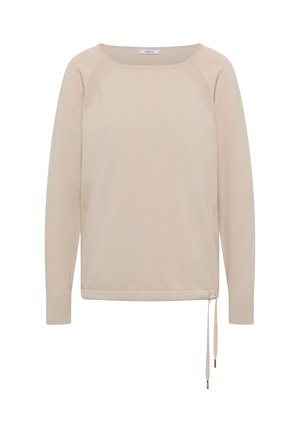 Beżowy długi sweter z dzianiny z długim rękawem, okrągłym dekoltem, teksturowanymi panelami na ramionach, prążkowanymi mankietami i regulowanym ściągaczem u dołu.