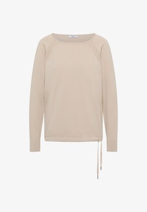 Beżowy długi sweter z dzianiny z długim rękawem, okrągłym dekoltem, teksturowanymi panelami na ramionach, prążkowanymi mankietami i regulowanym ściągaczem u dołu.