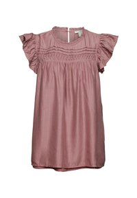 Lyserød bluse med korte ærmer og rund halsudskæring, med flæseærmer, smockdetaljer og lodrette striber i et let stof.