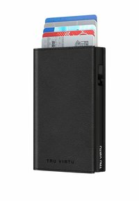 Black leather wallet with a textured surface, featuring multiple credit cards partially visible and a side release mechanism.