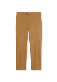 Hellbraune Baumwollhose mit geradem Schnitt, Gürtelschlaufen, einem vorderen Knopfverschluss und seitlichen Taschen. Glatte Textur und minimale Nähdetails.