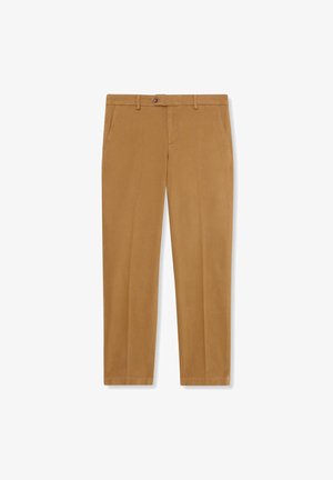 Lichtbruine katoenen broeken met een rechte pasvorm, riemlussen, een knoopsluiting aan de voorkant en zijzakken. Fijne textuur en minimale stikdetail.