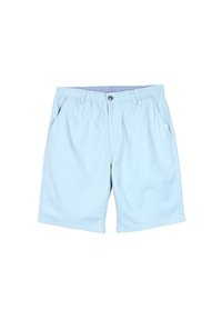 Shorts pour hommes bleu clair avec taille élastique, fermeture par bouton et poches latérales sur fond blanc.