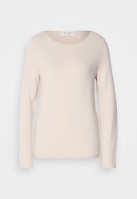 Lys rosa langermet topp i myk, lett stoff, med rund halsutskjæring og en subtil tekstur gjennom overflaten.