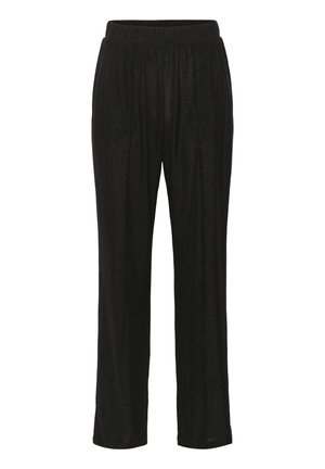 Pantalon à taille élastique noire avec une coupe droite et une texture subtilement brillante, présenté sur un fond blanc.