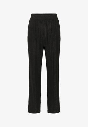 Pantalon à taille élastique noire avec une coupe droite et une texture subtilement brillante, présenté sur un fond blanc.