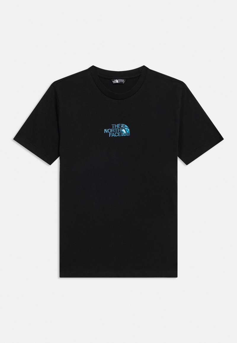 Czarny t-shirt z krótkim rękawem i okrągłym dekoltem, z małym niebieskim logo „The North Face” umieszczonym na środku klatki piersiowej.