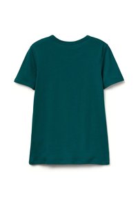 Jednoduché tmavě modrozelené tričko s krátkými rukávy zobrazené zezadu na bílém pozadí.
