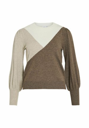 Stickad tröja med ett diagonalt färgblockmönster i beige och brunt, med långa puffämar och en klassisk rund halsringning.
