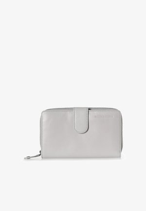 Gray leather wallet with a smooth texture, zip-around closure, and a flap with a snap button. Features embossed branding on the front.