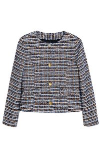 Giacca in tweed dal taglio strutturato, con un motivo blu, marrone e bianco, bottoni dorati e maniche lunghe. Tessuto testurizzato con scollatura rotonda.