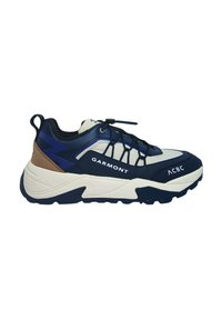 Scarpe sportive navy blue e crema con una parte superiore testurizzata, caratterizzate da un accento marrone e un logo bianco. Suola spessa progettata per una migliore trazione.