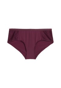 Bordeauxrote Damenunterwäsche mit Spitzenpaneelen an den Hüften, mittelhoher Schnitt und glatter Oberfläche.
