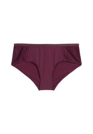 Maroon women's briefs with lace panels on hips, mid-rise cut, and smooth finish.