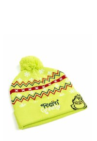 Beanie lavorato a maglia di un vivace verde lime con pompon in cima. Presenta motivi a zigzag rossi, gialli e neri, fiocchi di neve e ricamo "Feelin' Grinchy".
