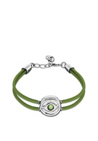 Pulsera de cuero verde con una pieza central circular de plata que contiene una gema verde, detallada con tiras entrelazadas.