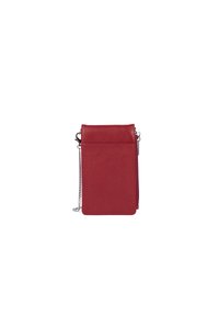 Borsa a tracolla rossa in pelle con finitura testurizzata, forma rettangolare, tasca con zip e tracolla in catena argento.
