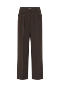 Pantalon large marron foncé avec taille haute, plis à l'avant et deux boutons noirs sur la ceinture et le rabat de la poche.