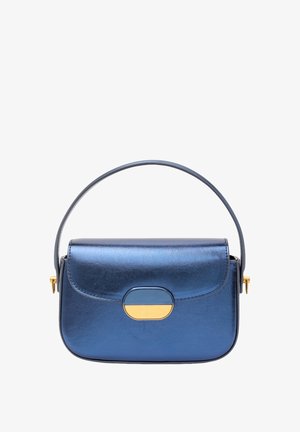 Metalen blauwe handtas met een rechthoekige vorm, zachte leren textuur, een handvat aan de bovenkant en een sluiting met een gouden beslag.