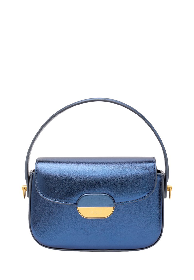 Borsa metallic blue con forma rettangolare, texture in morbida pelle, manico superiore e chiusura con clasp in tonalità oro.