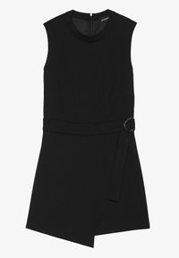 Robe noire sans manches avec un col rond, des poches latérales, un ourlet asymétrique et une ceinture avec une boucle ronde. Finition en tissu lisse.
