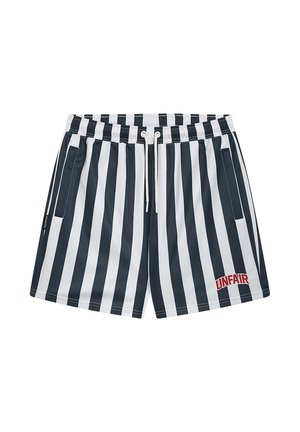 Shorts à rayures verticales noires et blanches avec taille élastique, cordon de serrage, poches latérales et texte rouge "UNFAIR" sur la jambe gauche.