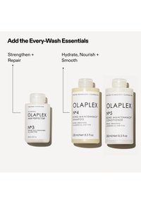 Trzy butelki produktów do pielęgnacji włosów Olaplex: No. 3 Hair Perfector, No. 4 Bond Maintenance Shampoo oraz No. 5 Conditioner, z zaznaczonymi korzyściami stosowania.