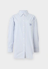 Button-up shirt with blue and white vertical stripes, long sleeves, and a chest pocket. Made of lightweight fabric, featuring a collar.