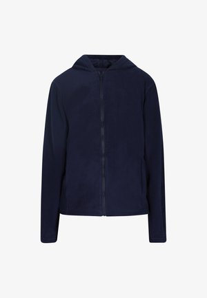 Felpa con zip di colore blu navy, con cappuccio foderato, maniche lunghe e una texture liscia. Caratterizzata da una zip frontale completa e tasche laterali.