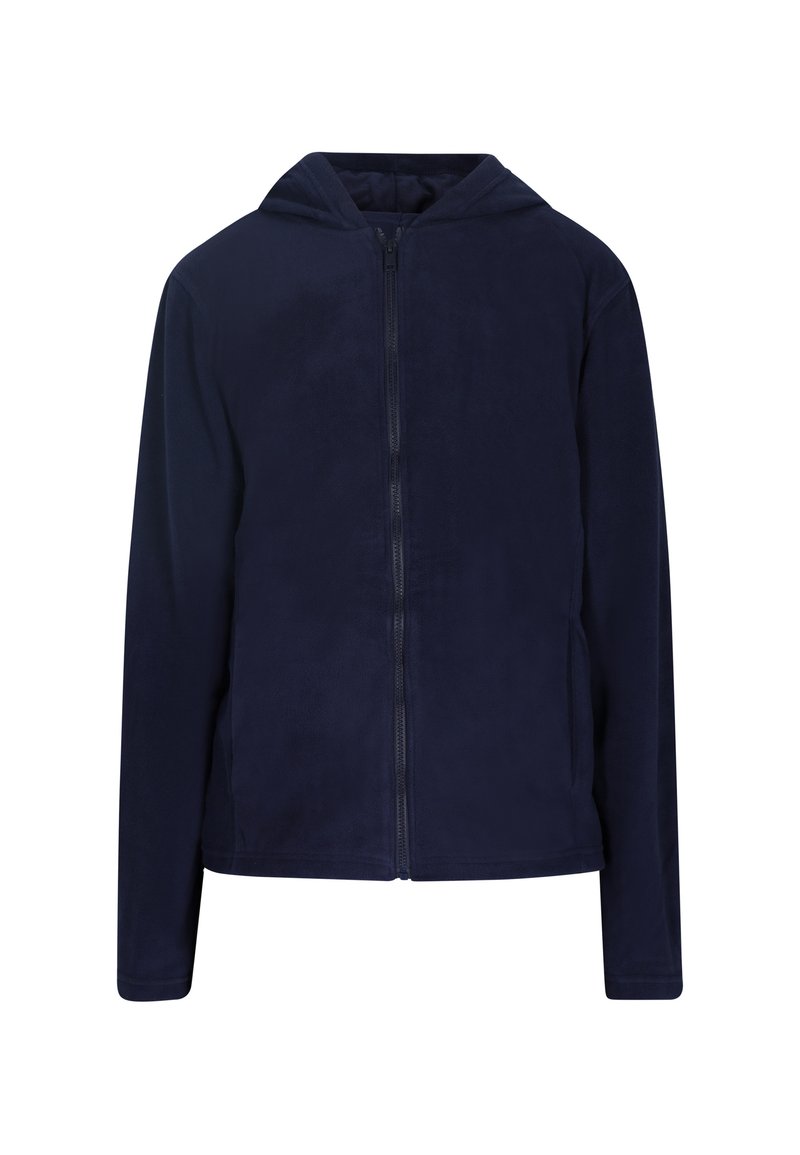 Felpa con zip di colore blu navy, con cappuccio foderato, maniche lunghe e una texture liscia. Caratterizzata da una zip frontale completa e tasche laterali.