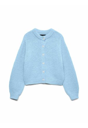 Cardigan en maille bleu clair à manches longues, col rond et six boutons sur le devant, sur fond blanc.