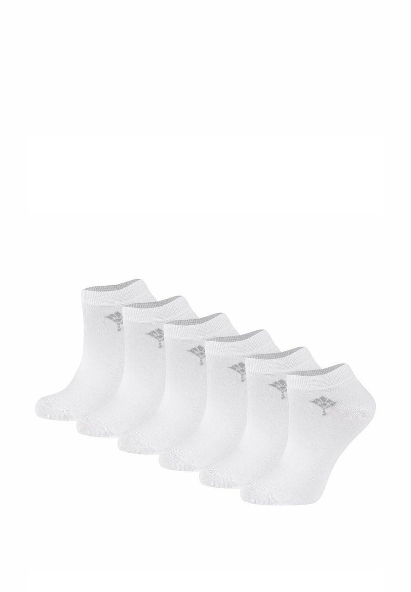 Pack of six white ankle socks with a soft texture, ribbed tops, and a small gray logo on the side. Suitable for everyday wear.