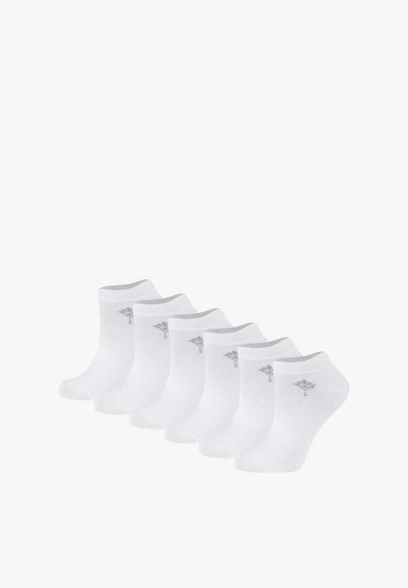 Pack of six white ankle socks with a soft texture, ribbed tops, and a small gray logo on the side. Suitable for everyday wear.