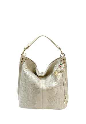 Crèmekleurige gestructureerde leren handtas met korte handgreep, gouden beslag, klein voorvak met ritssluiting en Italiaans vlaggetje.