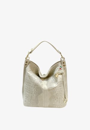 Crèmekleurige gestructureerde leren handtas met korte handgreep, gouden beslag, klein voorvak met ritssluiting en Italiaans vlaggetje.