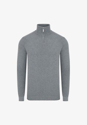 Szary sweter z półsuwnym zamkiem, wykonany z teksturowanej dzianiny, charakteryzujący się długimi rękawami i luźnym krojem.